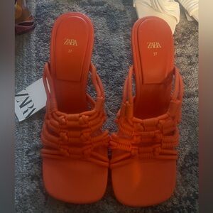 ❤️‍🔥BOGO FREE NWT Zara Women's Rope Woven Strappy Bold Orange Sandals 6.5